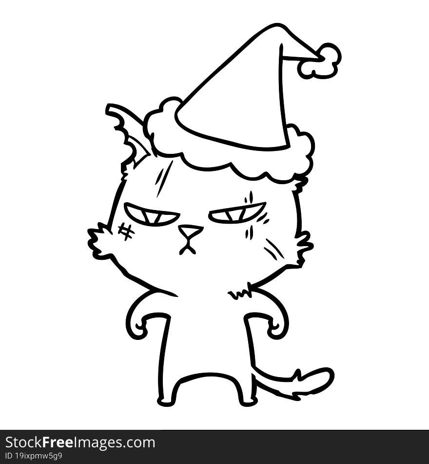 tough line drawing of a cat wearing santa hat