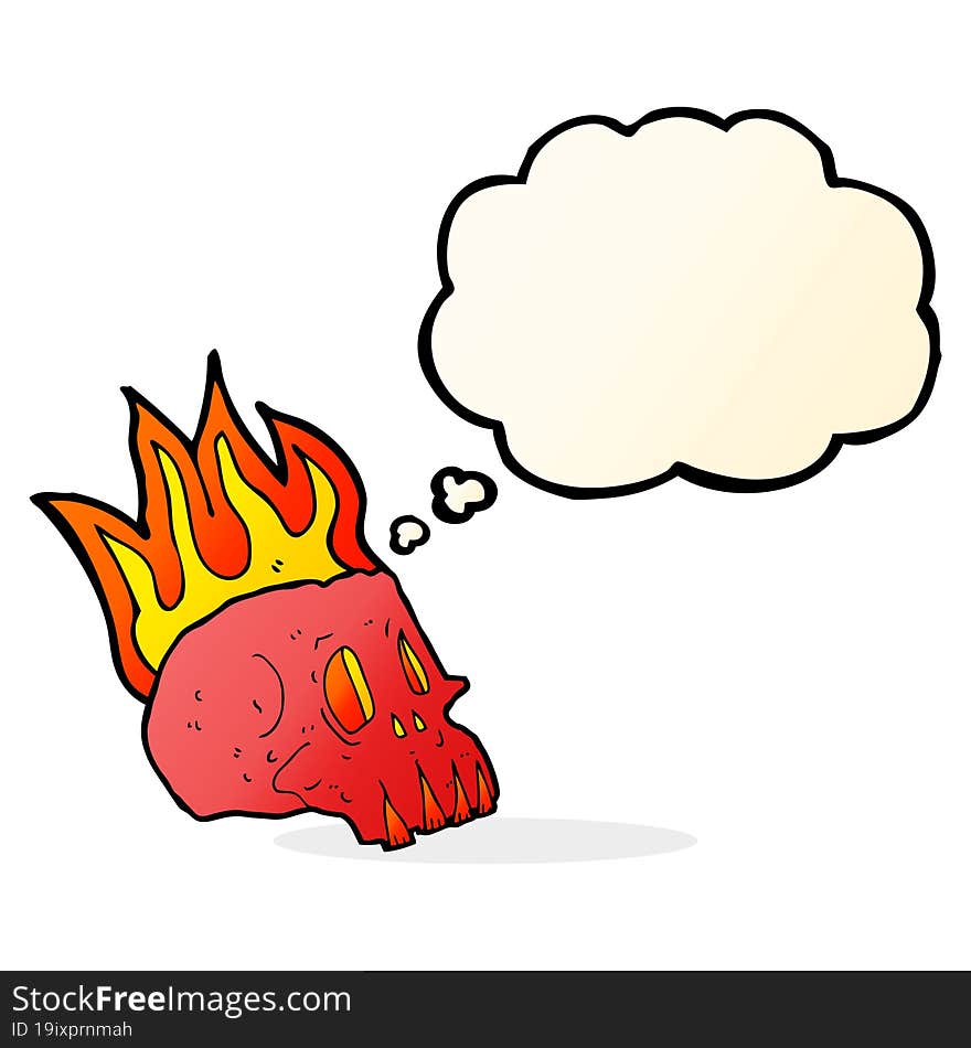 cartoon flaming skull with thought bubble