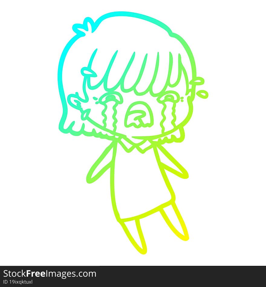 cold gradient line drawing of a cartoon girl crying