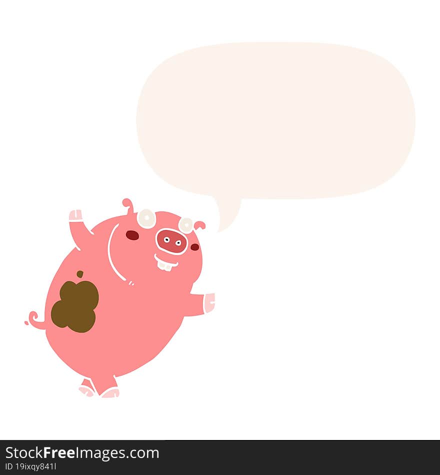 funny cartoon pig and speech bubble in retro style