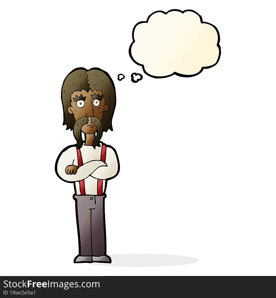 cartoon long mustache man with folded arms with thought bubble