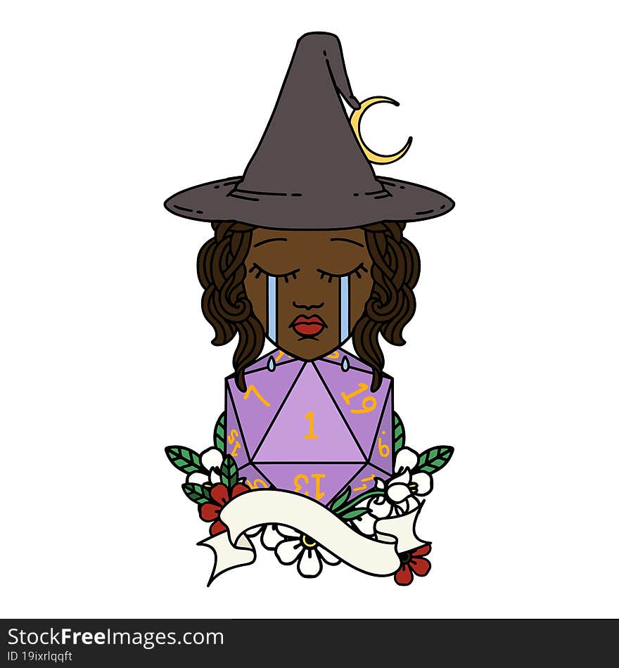 human witch with natural one D20 roll illustration