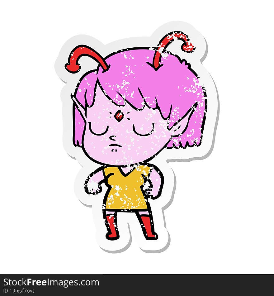 distressed sticker of a cartoon alien girl