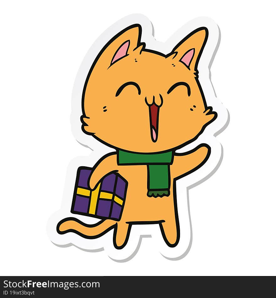 sticker of a happy cartoon cat with christmas gift