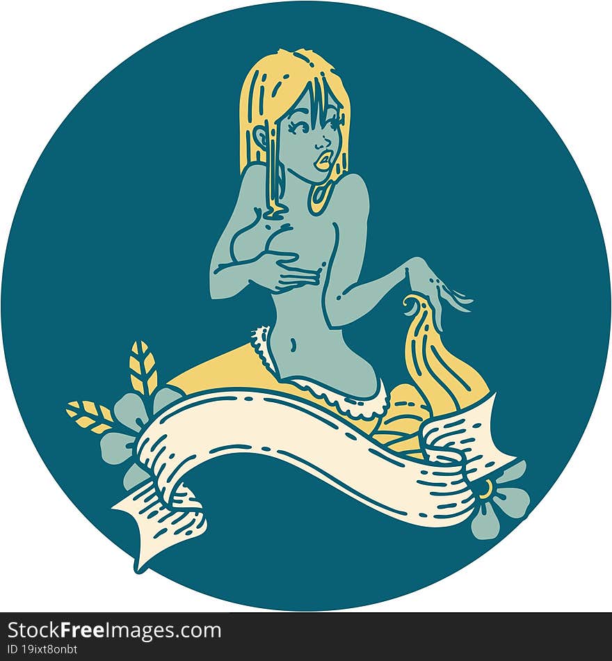 tattoo style icon of a pinup mermaid with banner