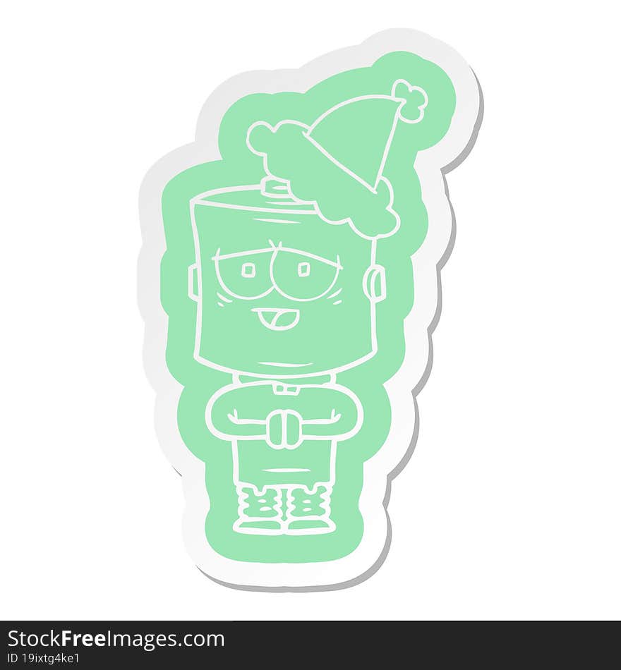 cartoon  sticker of a robot wearing santa hat