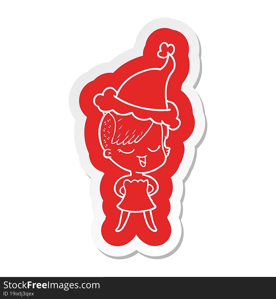 happy cartoon  sticker of a girl in cocktail dress wearing santa hat