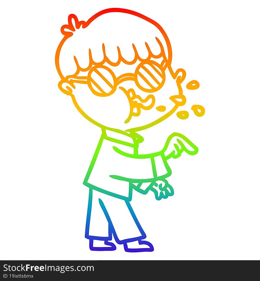 rainbow gradient line drawing cartoon boy wearing spectacles and making point