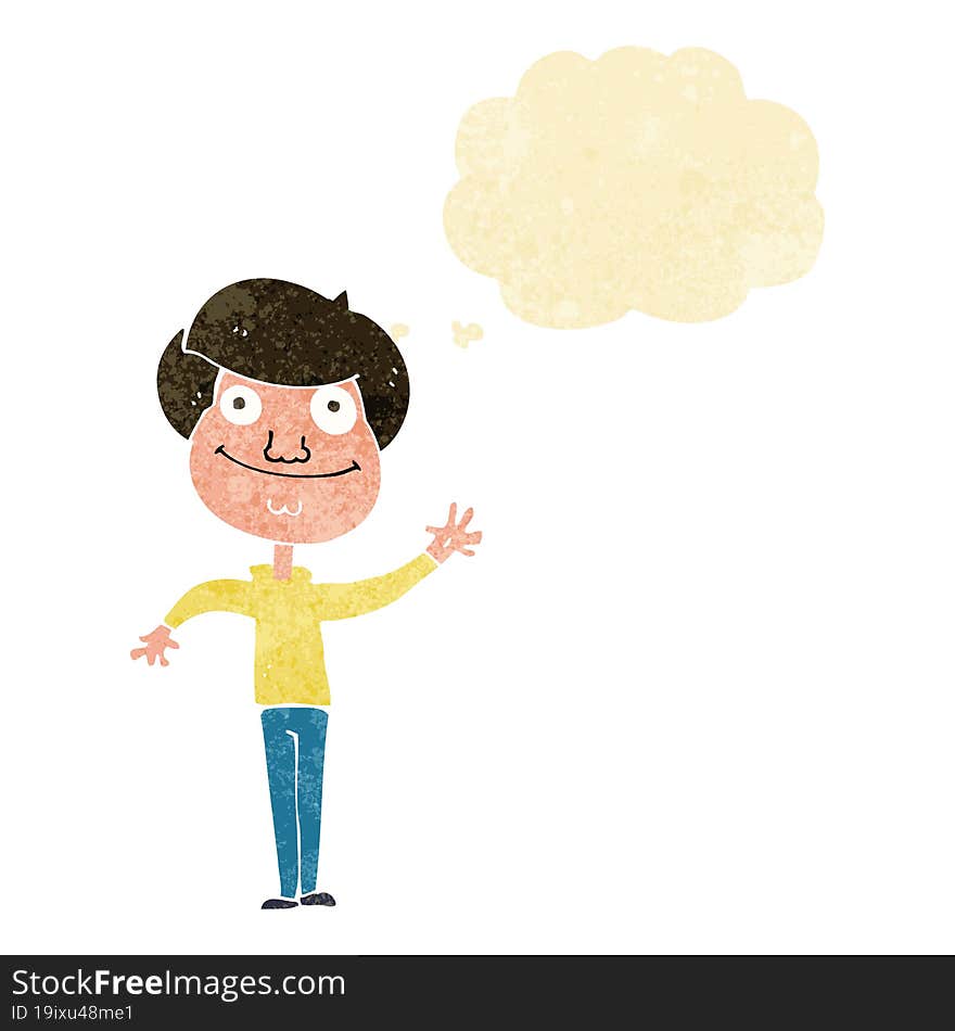 cartoon happy man waving with thought bubble