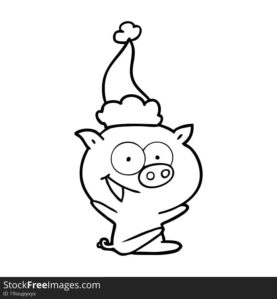 Cheerful Sitting Pig Line Drawing Of A Wearing Santa Hat