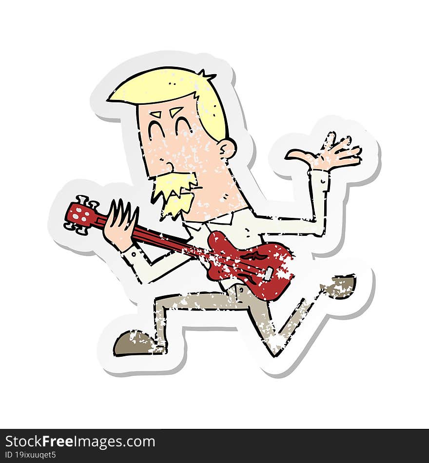 retro distressed sticker of a cartoon man playing electric guitar