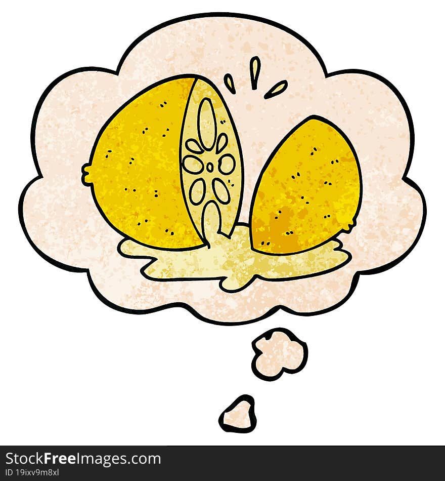 cartoon cut lemon and thought bubble in grunge texture pattern style