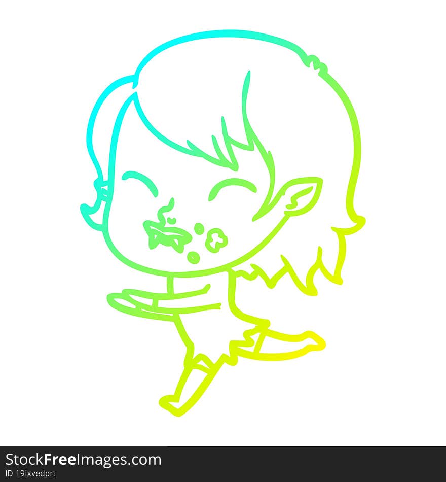 cold gradient line drawing cartoon vampire girl with blood on cheek