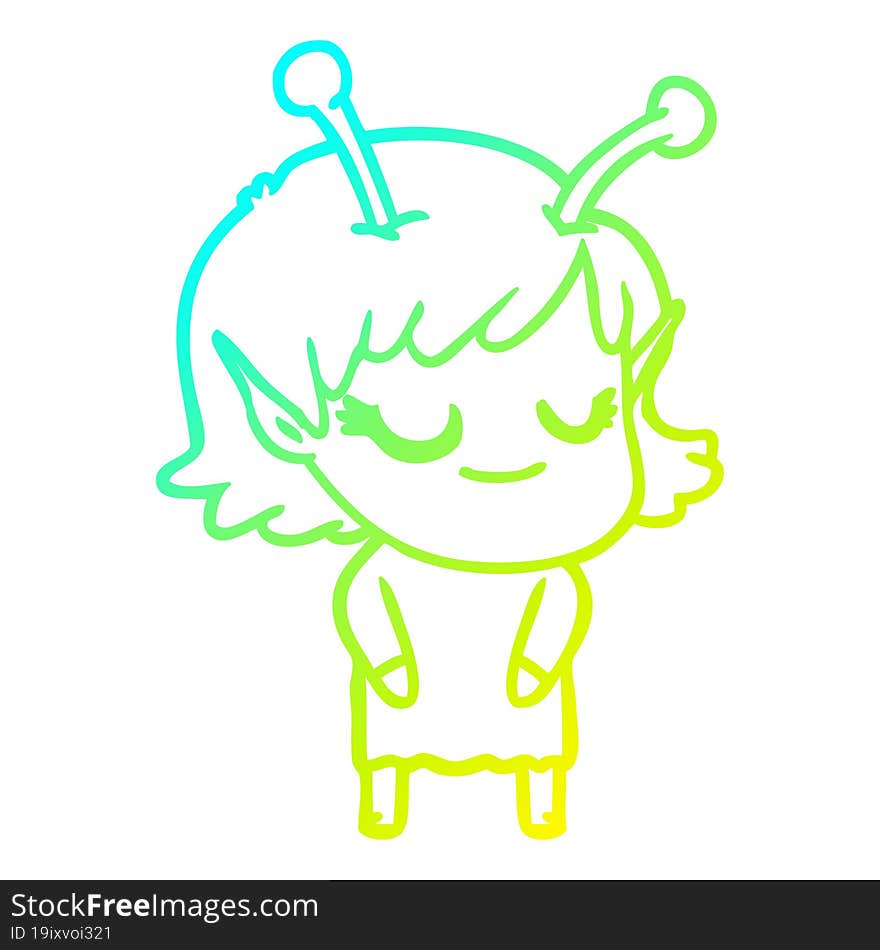 cold gradient line drawing smiling alien girl cartoon