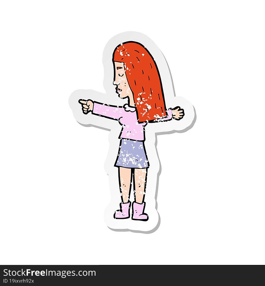 retro distressed sticker of a cartoon woman pointing