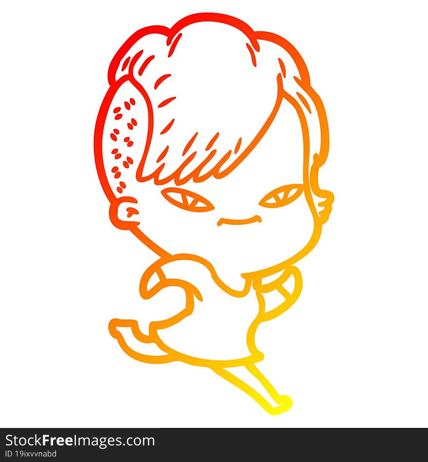 warm gradient line drawing of a cute cartoon girl with hipster haircut