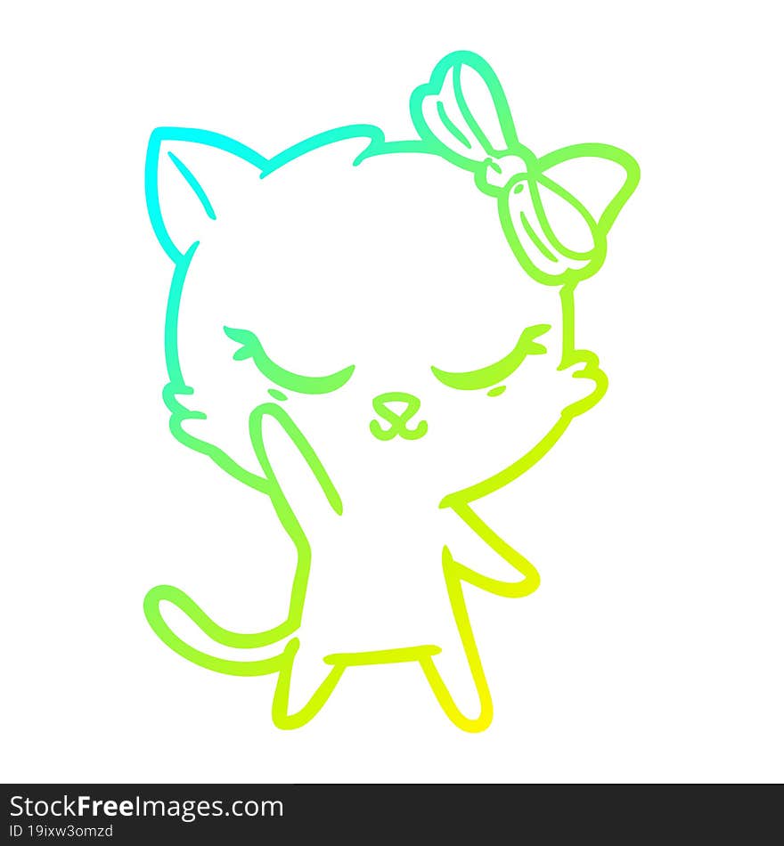 cold gradient line drawing cute cartoon cat with bow