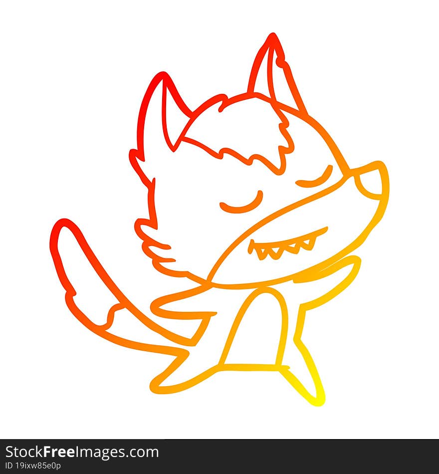 warm gradient line drawing of a friendly cartoon wolf dancing