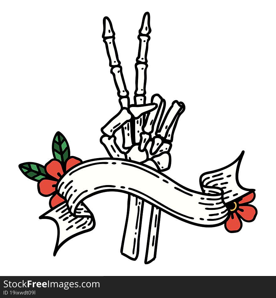 traditional tattoo with banner of a skeleton giving a peace sign. traditional tattoo with banner of a skeleton giving a peace sign