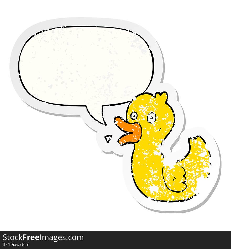 cartoon quacking duck and speech bubble distressed sticker