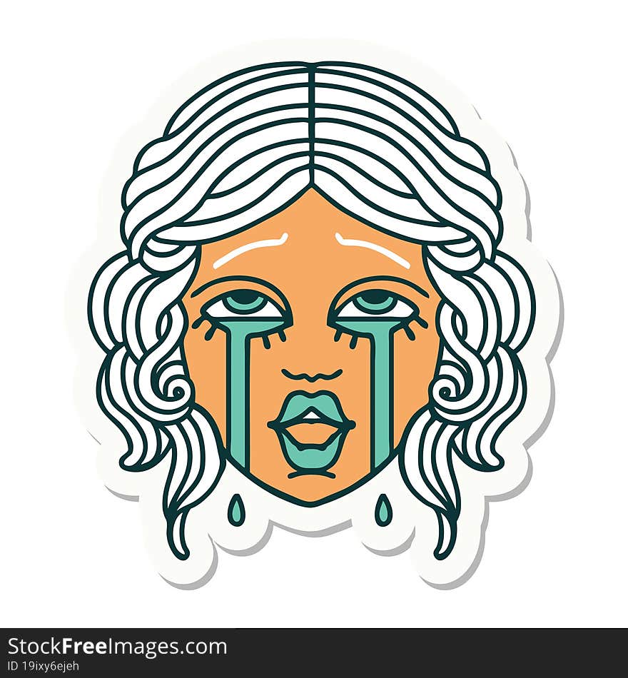 tattoo style sticker of a very happy crying female face