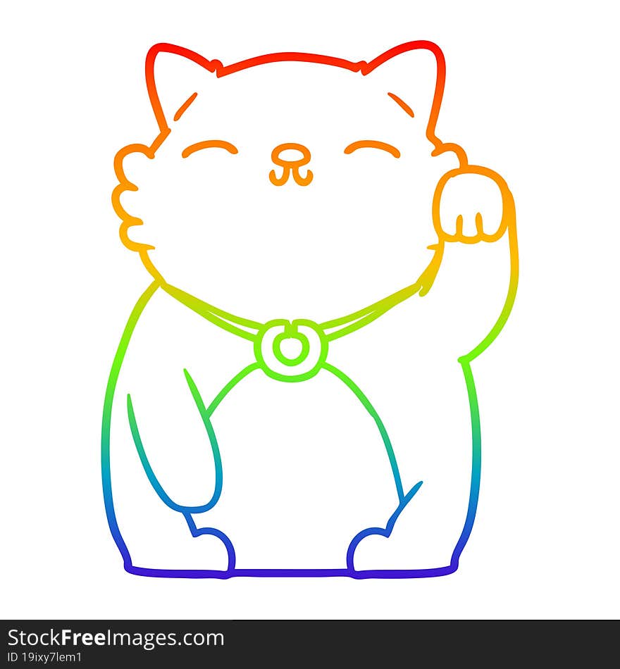 rainbow gradient line drawing cartoon cat waving