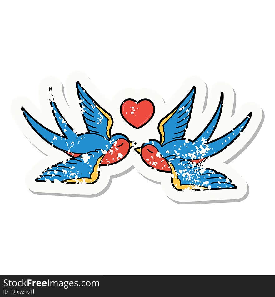 traditional distressed sticker tattoo of a swallows and a heart