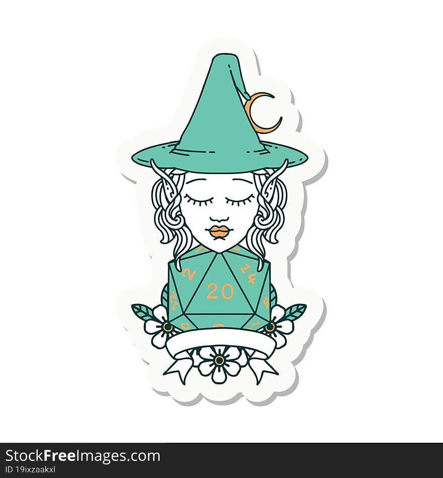 elf mage character with natural twenty dice roll sticker