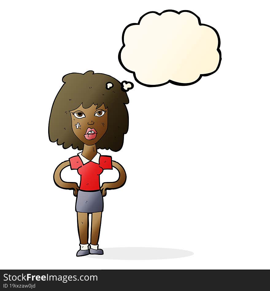 cartoon tough woman with thought bubble