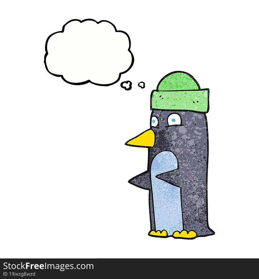 thought bubble textured cartoon penguin wearing hat