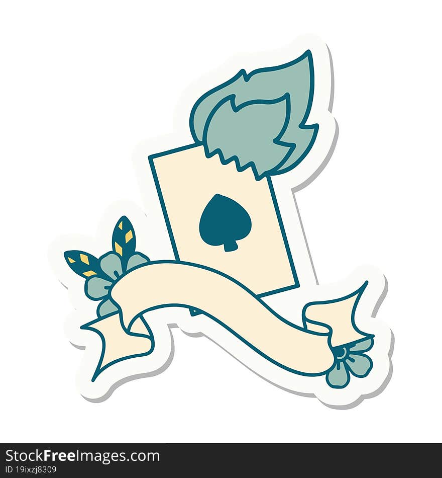 Tattoo Sticker With Banner Of A Flaming Card