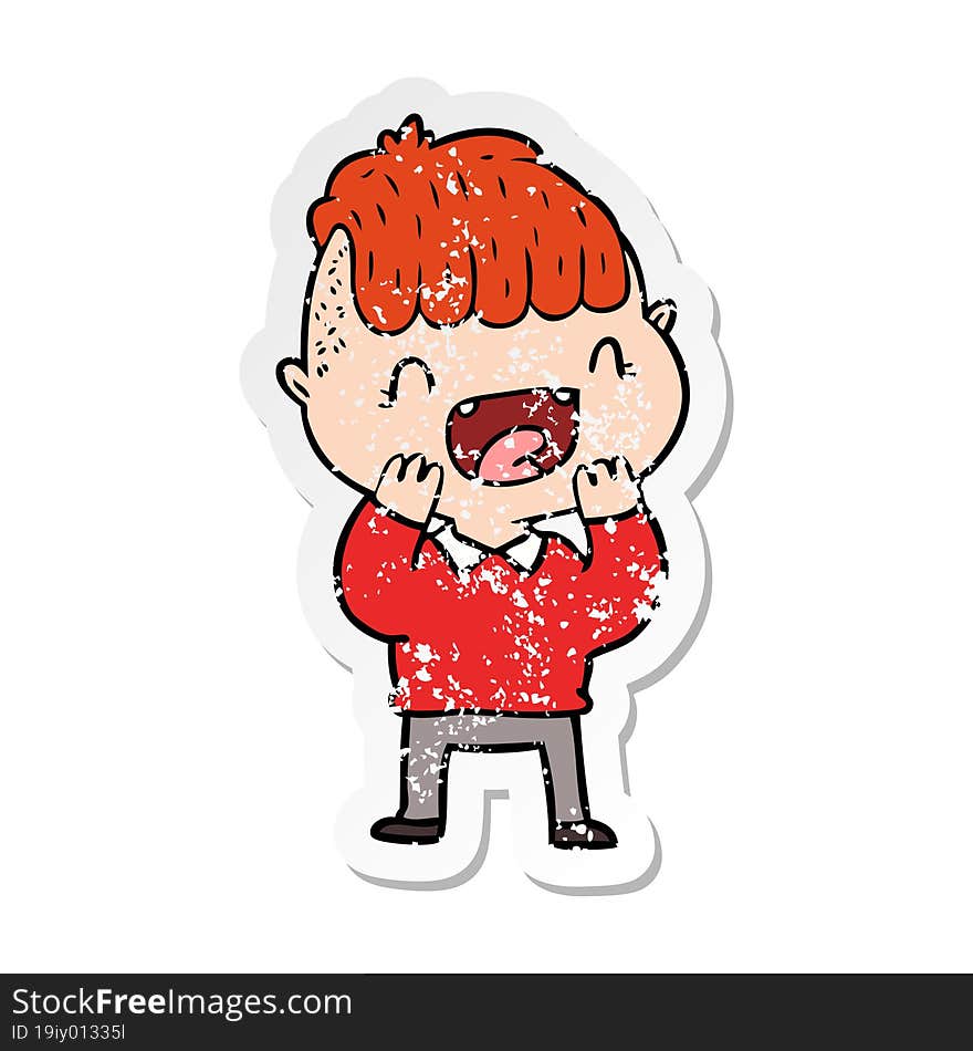 distressed sticker of a cartoon happy boy laughing