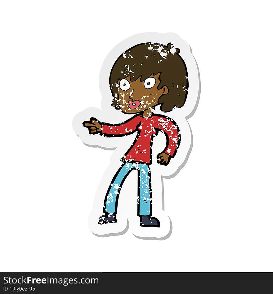 retro distressed sticker of a cartoon woman pointing