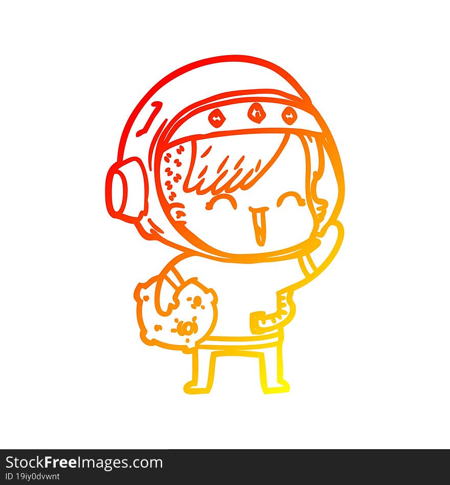 warm gradient line drawing cartoon happy spacegirl holding moon rock