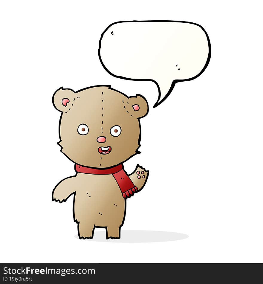 cartoon waving teddy bear with scarf with speech bubble