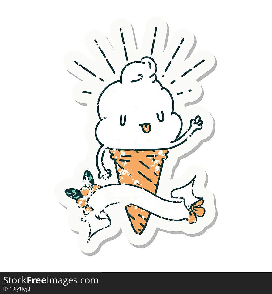 Grunge Sticker Of Tattoo Style Ice Cream Character Waving