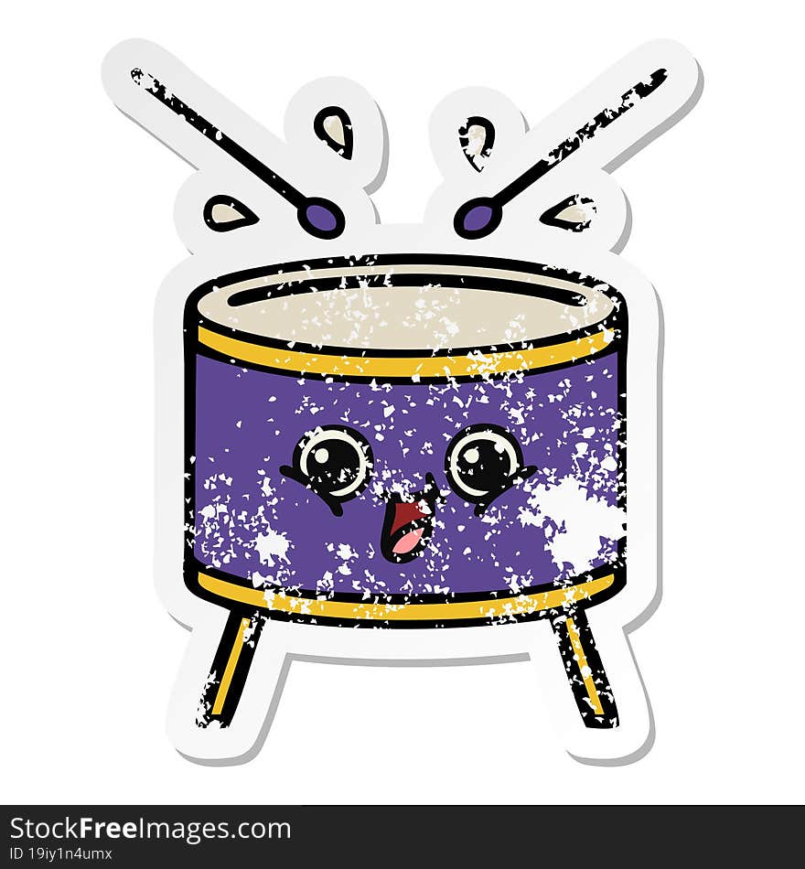 distressed sticker of a cute cartoon drum