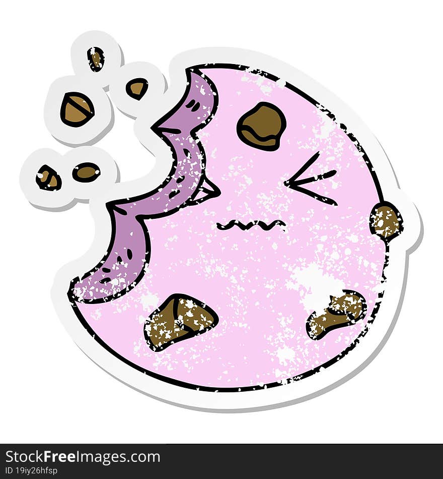 distressed sticker of a quirky hand drawn cartoon munched cookie