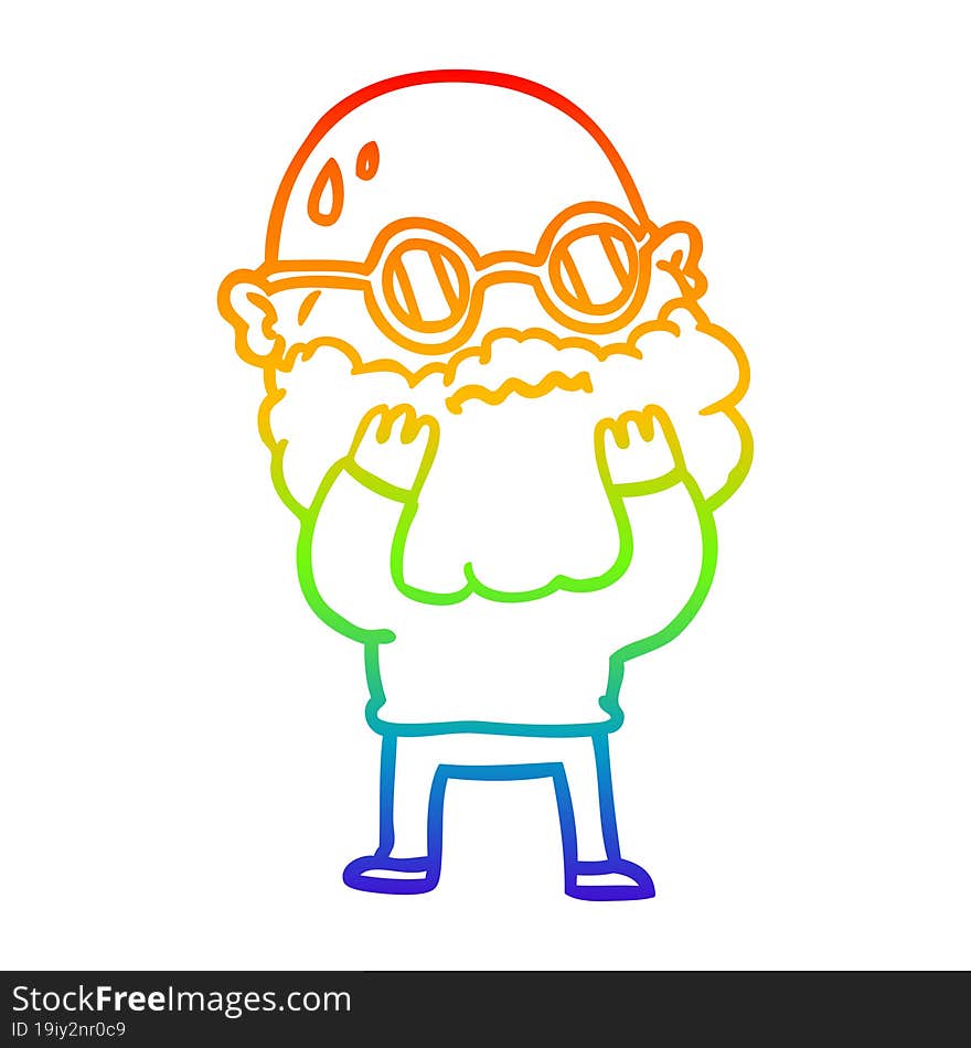 rainbow gradient line drawing of a cartoon worried man with beard and spectacles