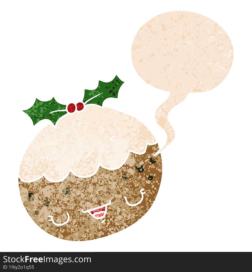 cute cartoon christmas pudding and speech bubble in retro textured style