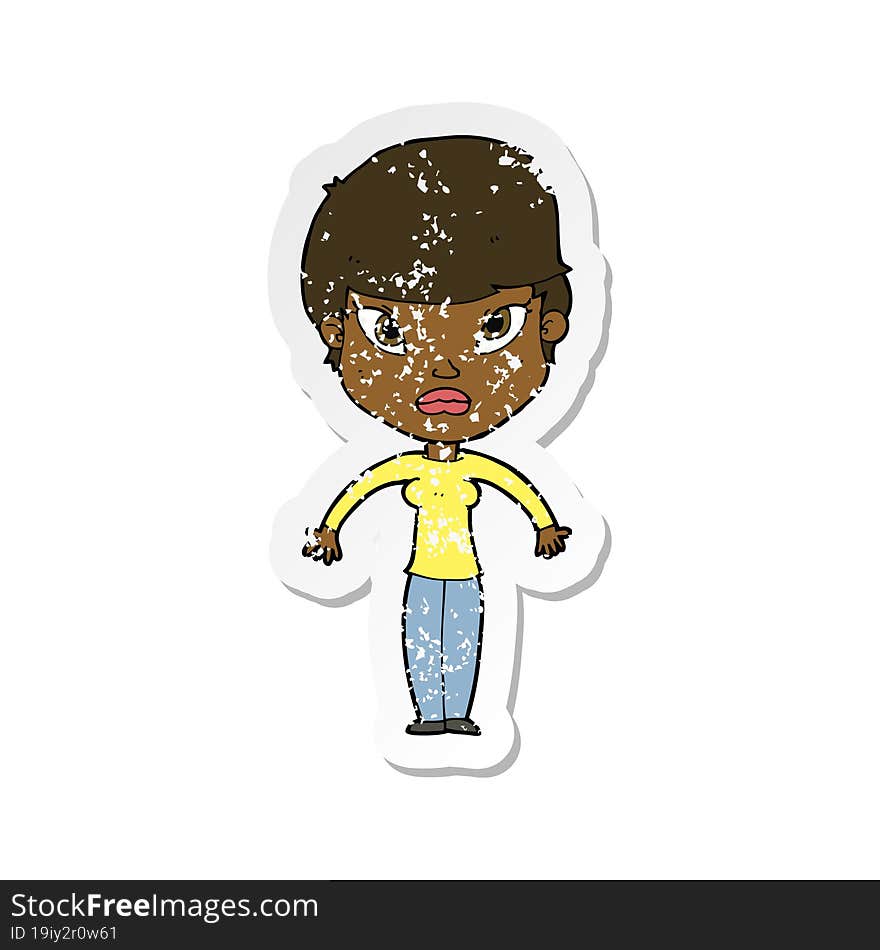 retro distressed sticker of a cartoon woman shrugging shoulders