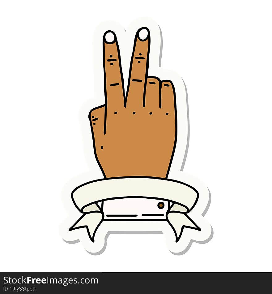 sticker of a victory v hand gesture with banner. sticker of a victory v hand gesture with banner