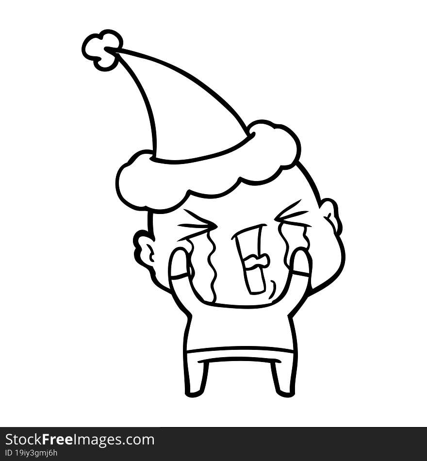 line drawing of a crying bald man wearing santa hat