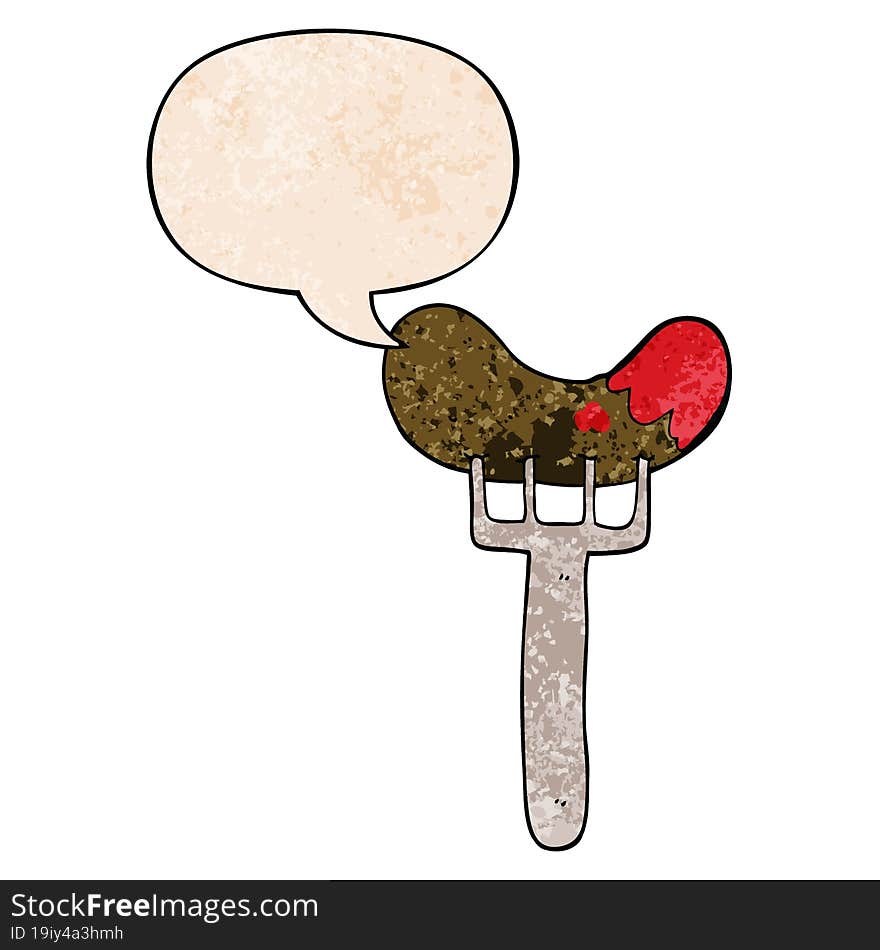 cartoon sausage on fork and speech bubble in retro texture style