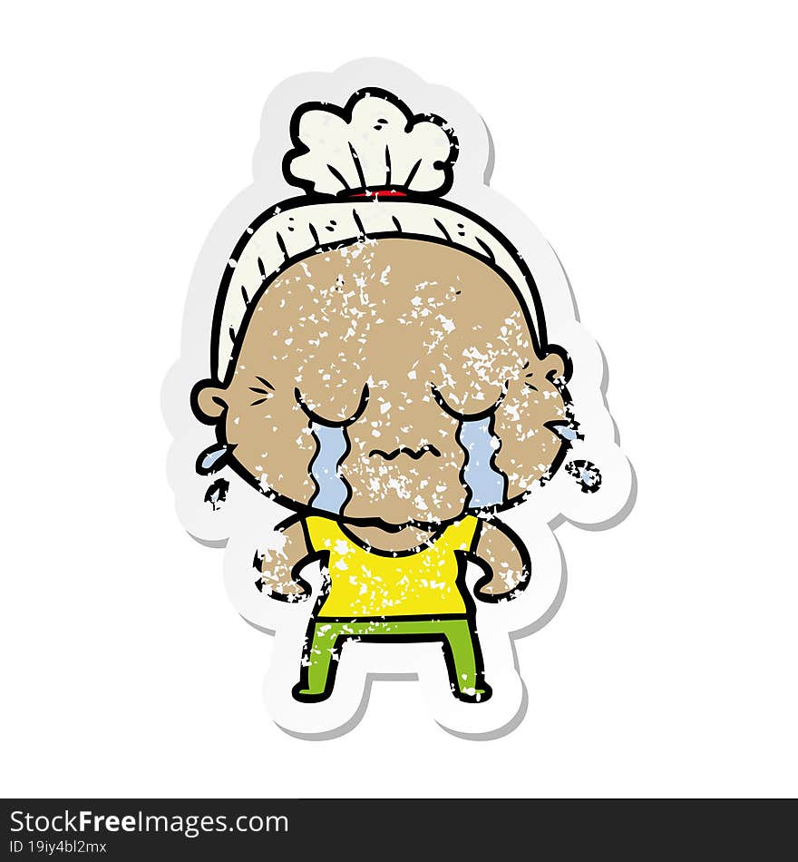 Distressed Sticker Of A Cartoon Crying Old Lady