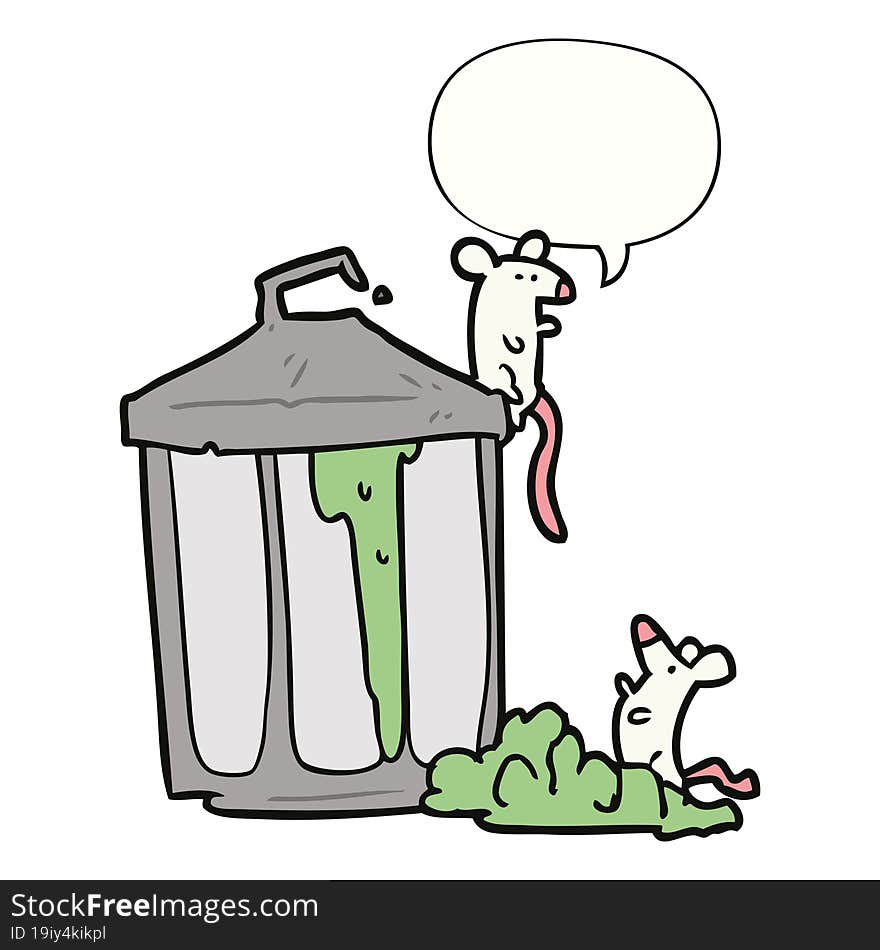 Cartoon Old Metal Garbage Can And Mice And Speech Bubble