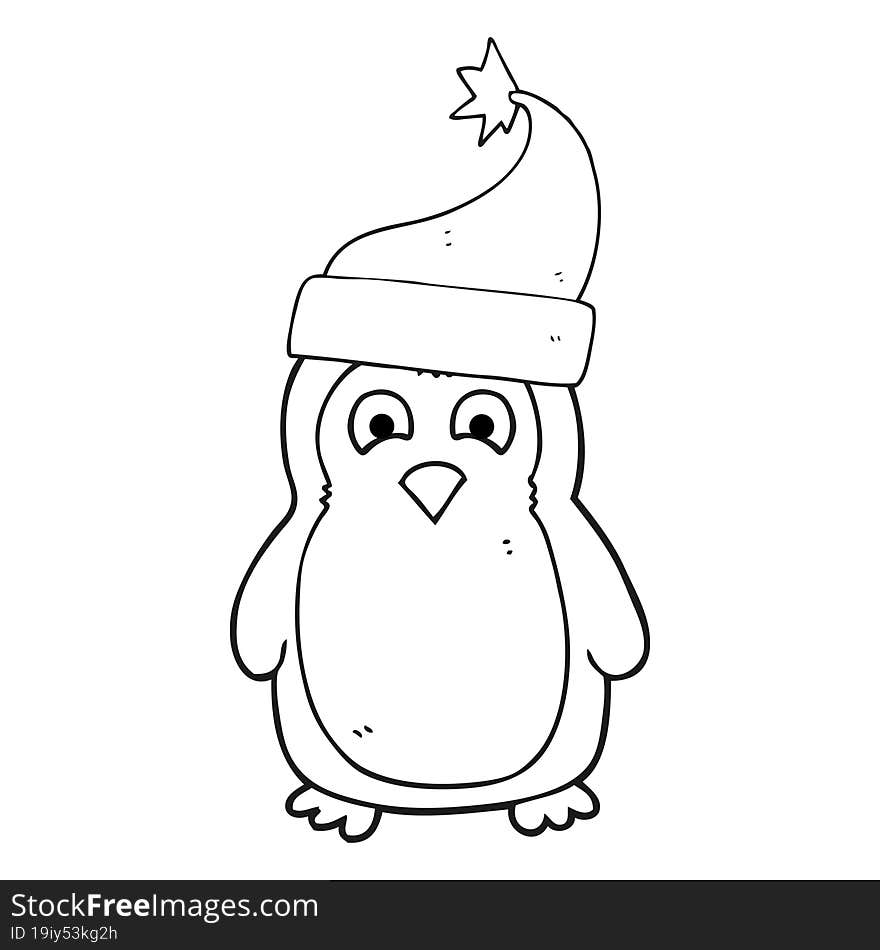 Black And White Cartoon Christmas Robin Wearing Santa Hat