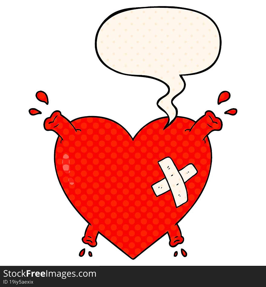 cartoon heart squirting blood and speech bubble in comic book style