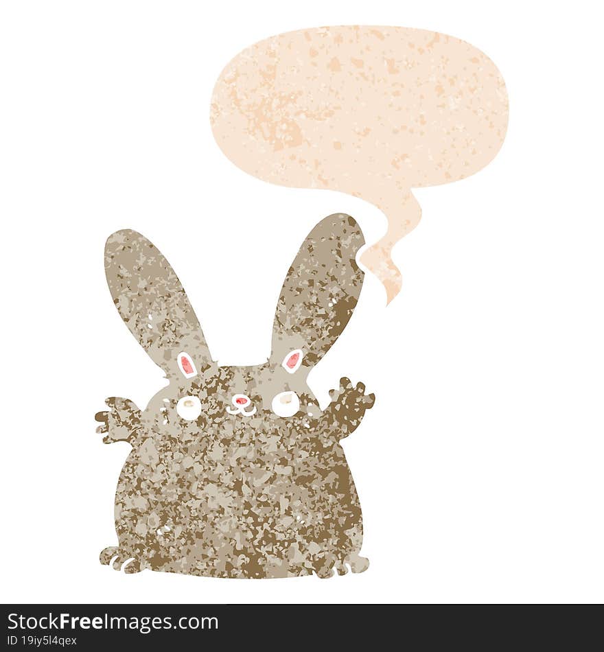 cartoon rabbit with speech bubble in grunge distressed retro textured style. cartoon rabbit with speech bubble in grunge distressed retro textured style