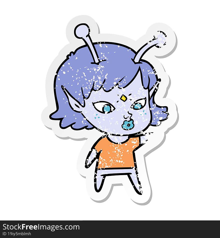 distressed sticker of a pretty cartoon alien girl